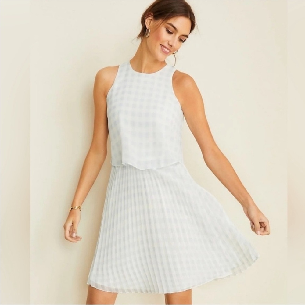 Ann Taylor Gingham Overlay Pleated Flare Dress Baby Blue Size 0